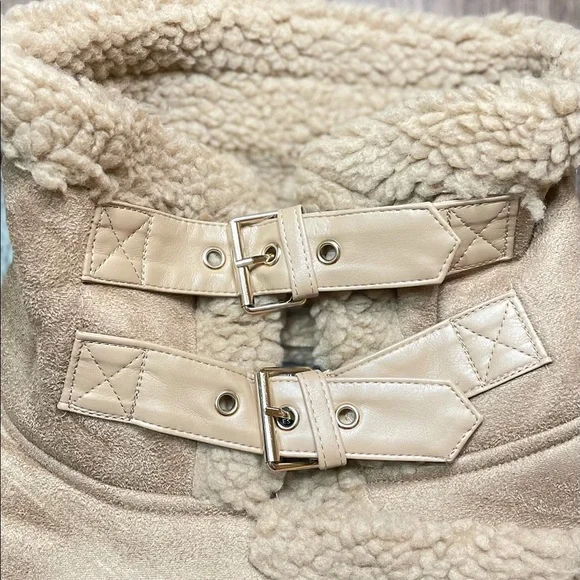 TAUPE BROWN FAUX FUR SUEDE MOTO JACKET BIKER COAT - Picture 12 of 14